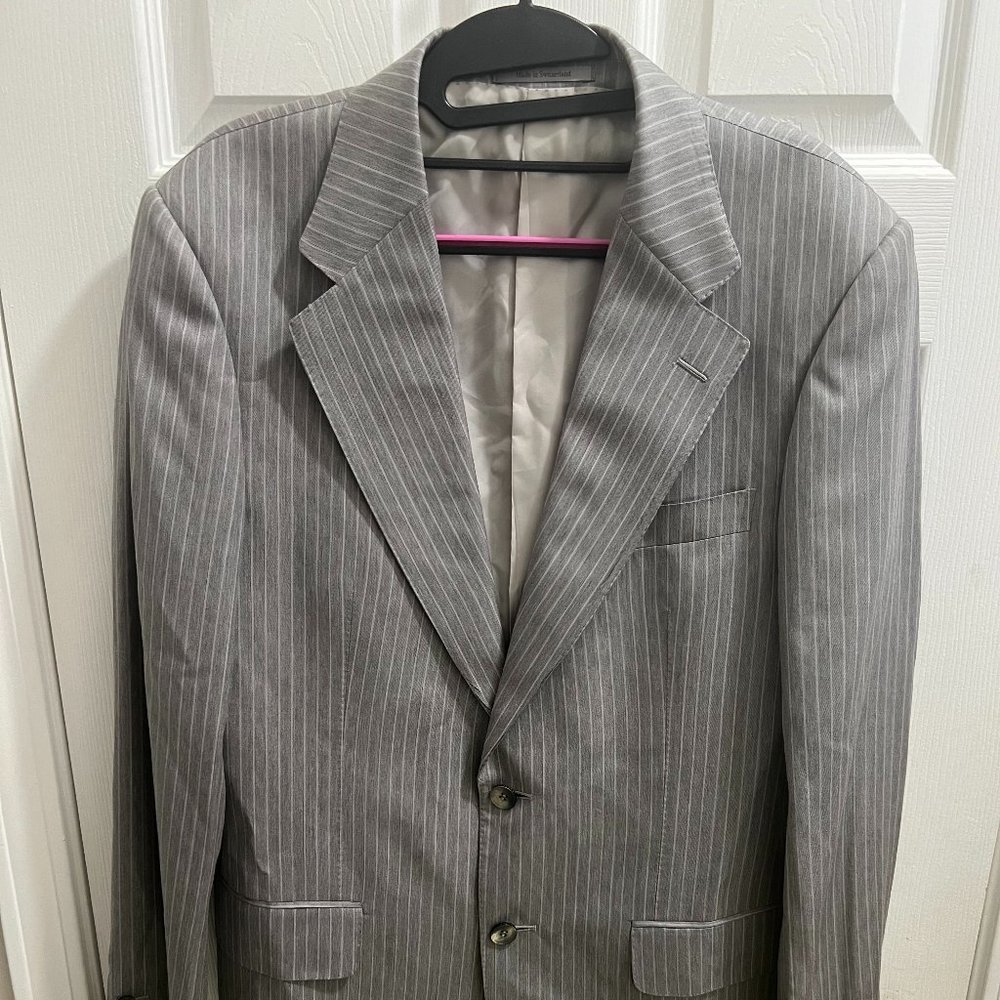 Gucci Men's Gray Striped Notch Lapel Two Button Blazer.